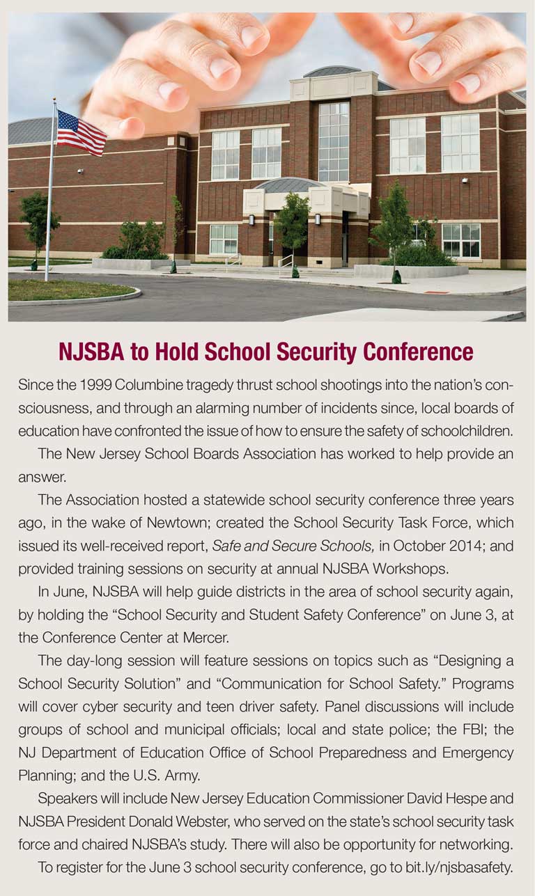 Sidebar featuring information about NJSBA's School Security and Student Safety Conference on June 3, 2016.