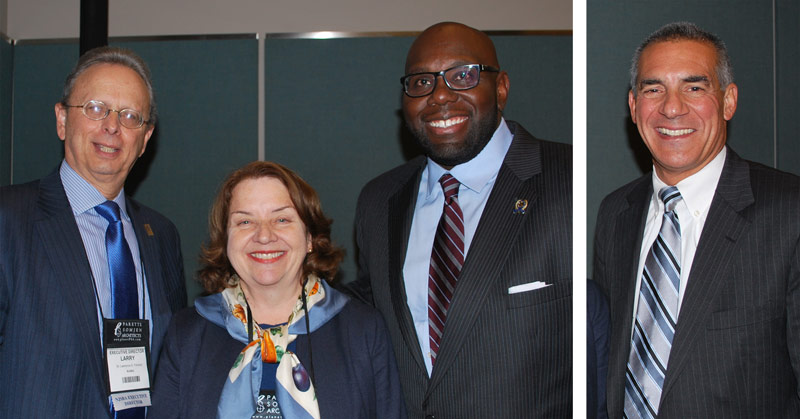 Dr. Lawrence S. Feinsod, NJSBA executive director; Betsy Ginsburg, Garden State Coalition of Schools executive director; and Assemblyman Troy Singleton, at the Legislative Update. Assemblyman Jack Ciattarelli, pictured at right, also served on the panel of legislators.