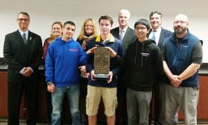 Students at Atlantic County Institute of Technology won the STEAM Tank Challenge in grades 9-12, for their “Tidal Tyrant.” Students and staff learned of their success in a surprise visit by NJSBA officials on Dec. 13.