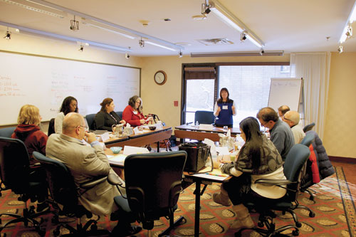 Sheli Dansky leads a small-group exercise at the weekend New Board Member Orientation program.