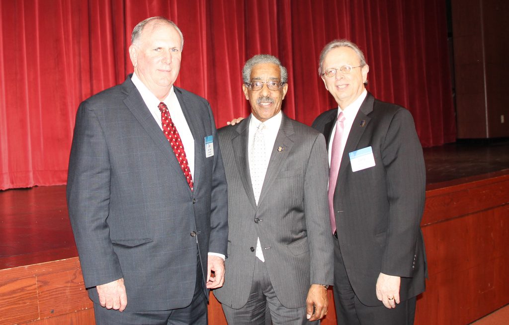 At the Essex County meeting, left to right: Dan Sinclair, NJSBA vice president for county activities; Sen. Ronald Rice; and Dr. Lawrence S. Feinsod, NJSBA executive director.