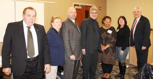 Several new members, and one returning member, took the NJSBA Board of Directors Oath of Office at the March 3 meeting, held at NJSBA headquarters in Trenton. Left to right: Gusna Rutledge, returning member representing Warren County; Maureen Byrne, new alternate member representing Union County; Anthony Messina, new alternate member representing Mercer County; Gregory Stankiewicz, new member representing Mercer County; Sandra Mordecai, new member representing Essex County; Sheli Dansky, new alternate member representing Bergen County; and Don Webster, NJSBA president. 