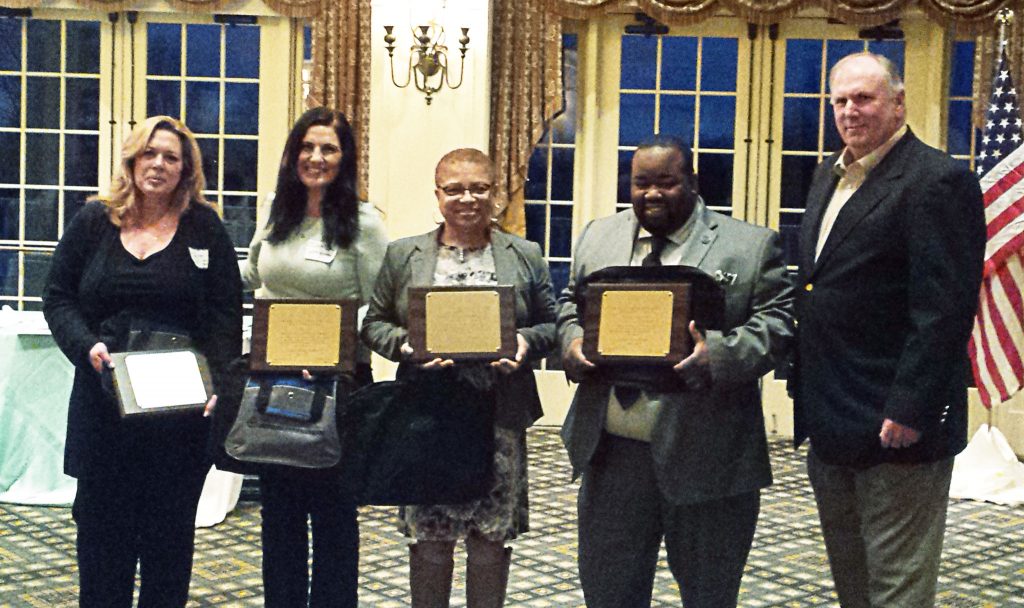 Four members of Essex County boards were honored on April 6 for having earned the designation of Master Board Member from NJSBA’s Board Member Academy. Left to right: Laura Lab, West Orange board; Judith Dias, West Essex board; Antoinette Baskerville-Richardson, Newark board; Marques - Aquila Lewis, Newark board; and Dan Sinclair, NJSBA vice president for county activities.