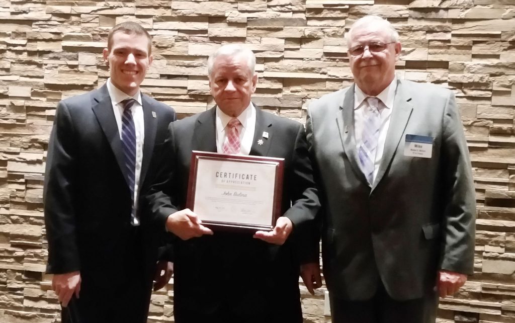  In Burlington County, NJSBA officers joined the county association in presenting a certificate of appreciation to John Bulina, who stepped down as immediate past president of NJSBA this week. He served Burlington County school board members and students for 28 years. Pictured, L to R, are NJSBA Vice President for Legislation/Resolutions Brandon J. Pugh, of Moorestown; Bulina, who is from Tabernacle; and NJSBA Vice President for Finance Michael McClure.