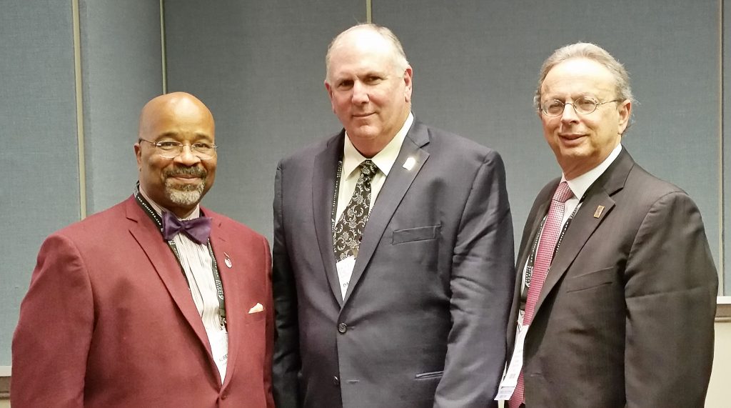 (l-r) Bridgeton Mayor Albert Kelly, NJLM president; Dan Sinclair, NJSBA president; and Dr. Lawrence S. Feinsod, NJSBA executive director, after the panel discussion at Workshop 2017.