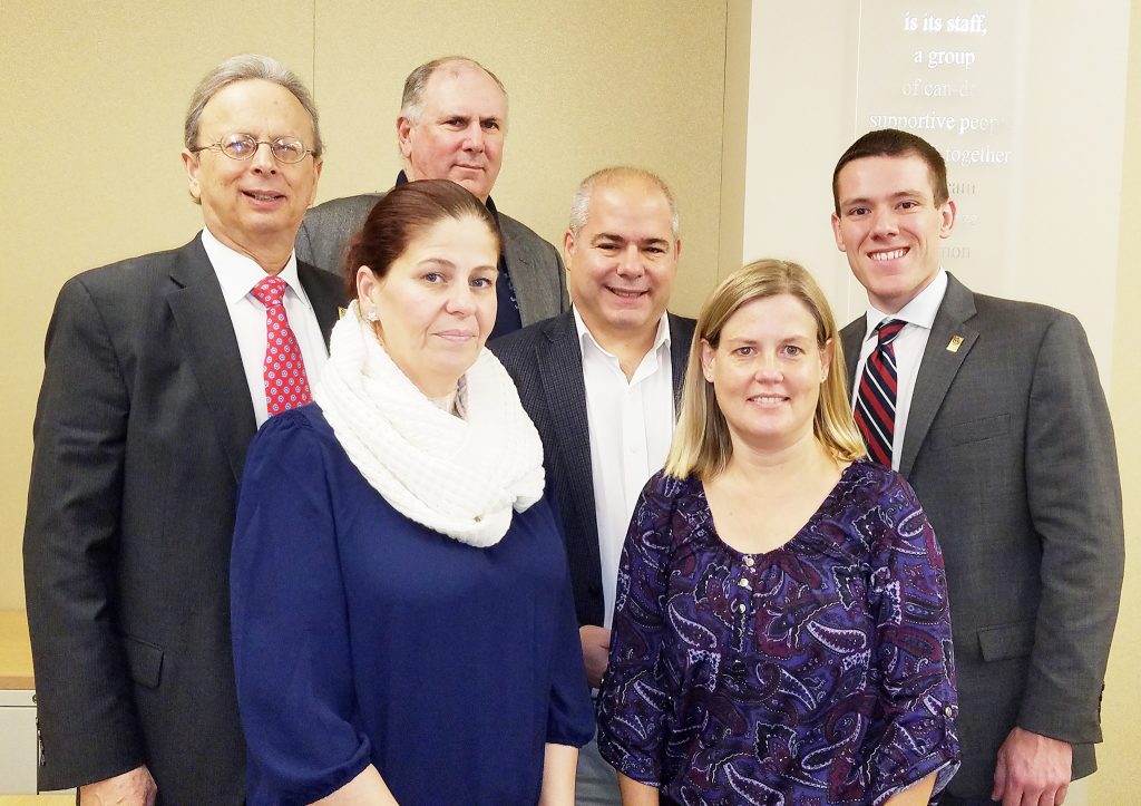 Three new Legislative Committee members were introduced at the meeting. Left to right, front row: Melissa Mohr, Henry Hudson Regional board; and Alison Cogan, Parsippany Troy Hills board. Left to right back row, Dr. Lawrence S. Feinsod, NJSBA executive director; David Sarnoff, Fort Lee board; and Dan Sinclair, NJSBA president. 