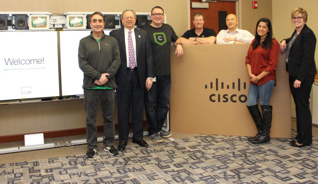 Pictured during the installation, at NJSBA headquarters, are (l-r) Patrick McGinley, Cisco account executive; Dr. Feinsod; Cisco video conferencing team members Jerry Gavin, Patrick McGlinchey, Michael Lin and Catalina Kowal Cacandel; and Patrice Maillet, NJSBA director of business services.