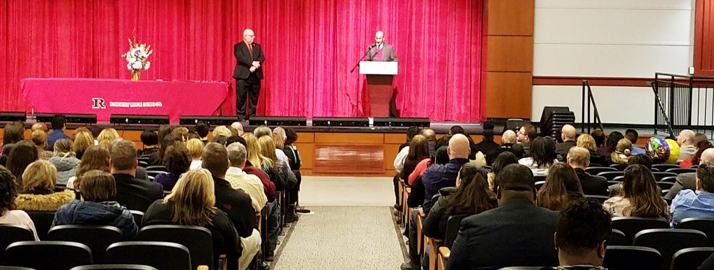 Union County School Boards Association President Ray Topoleski, (left), of Linden, and Rahway High School Principal John Farinella, on the stage at Rahway High School for the Union County Student Recognition Awards. Family, friends and school officials filled the auditorium as 35 students were honored.