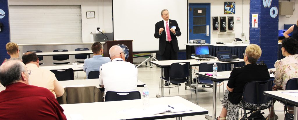 NJSBA Executive Director Dr. Lawrence S. Feinsod addressed attendees at the program, “Advocating for Your District’s Funding,” held at West Orange High School. 