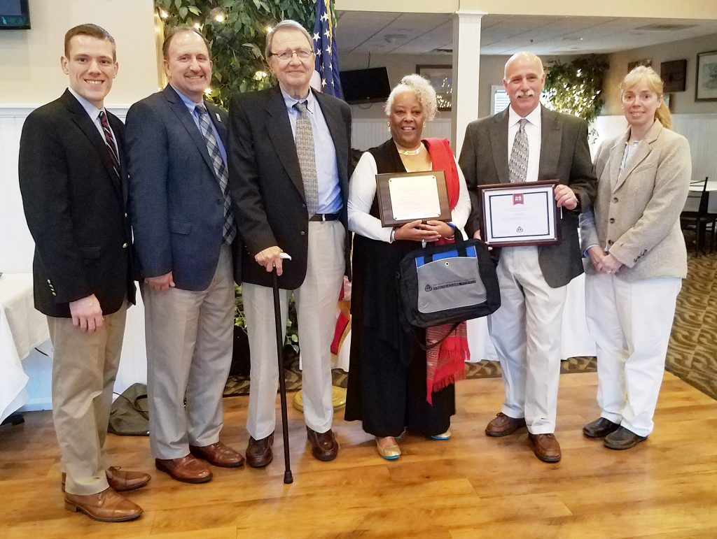 The Cape May County School Boards Association presented several milestone awards, and a Master Board Member certificate, at its recent meeting. Pictured (l-r) are Brandon Pugh, NJSBA vice-president for legislation/resolutions; Joseph Clark Jr. of Ocean City and Dan Tumolo of Sea Isle City, each receiving a 10-year milestone award; Josephine Sharpe of Wildwood City, who is also county association vice-president, receiving Master Board Member Certification; Joseph Schiff of Wildwood Crest, who received the 25-year milestone award; and Cape May County School Boards Association president Jacqueline McAlister of Ocean City.