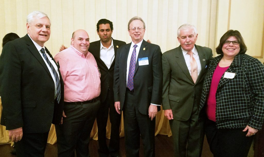 Pictured at the end-of-the-year meeting of the Monmouth County School Boards Association, in Colts Neck, are (l-r) NJSBA Immediate Past President Don Webster; Monmouth County Association President Al Miller; Senator Vin Gopal (District 11); NJSBA Executive Director Dr. Larry Feinsod; Assemblyman Eric Houghtaling (District 11); and NJPTA president Rose Acerra.